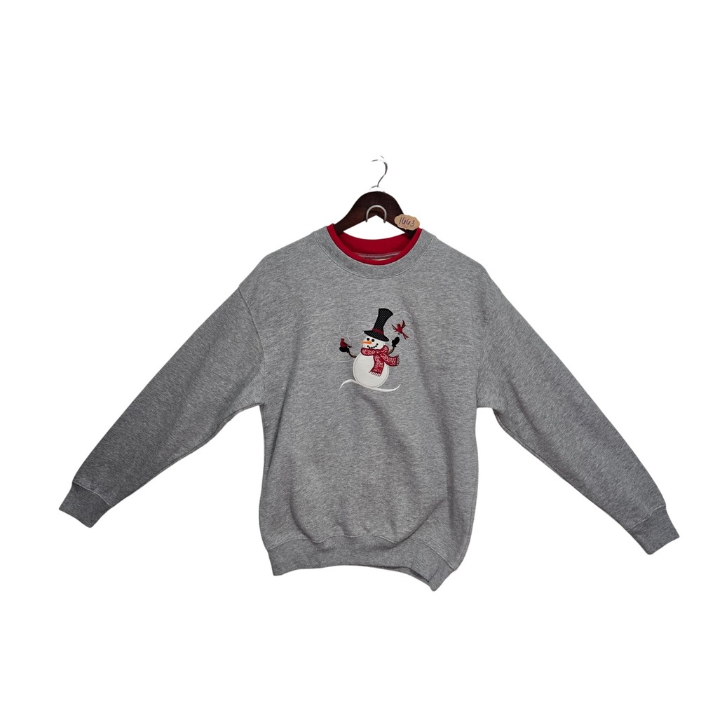 M&C Sportswear Vintage 90s Snowman Embroidered Sweatshirt Grey Red Medium
